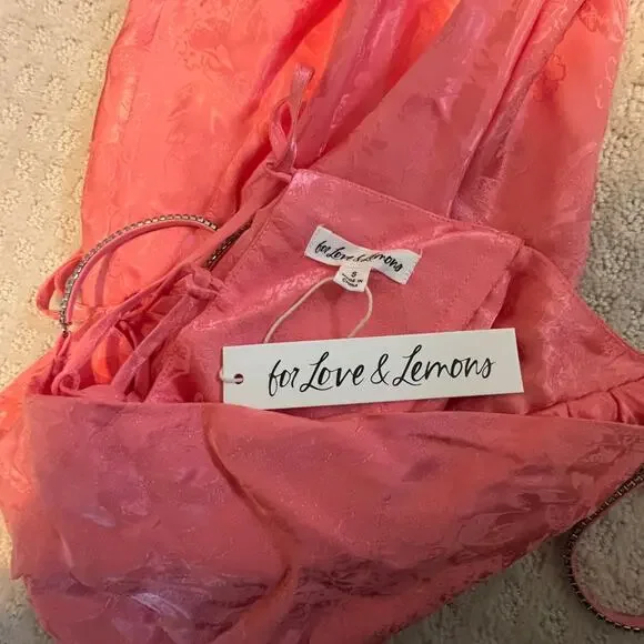 For Love & Lemons Gabrielle Floral Satin Jacquard Slip Mini Dress Peach Pink S - Picture 8 of 10